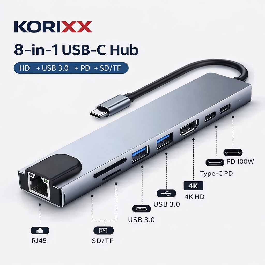 KORiXX™ Pro 8-in-1 USB-C Hub – 4K HDMI, Ethernet & Snellaadfunctie voor MacBook & Laptop