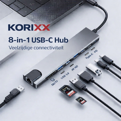 KORiXX™ Pro 8-in-1 USB-C Hub – 4K HDMI, Ethernet & Snellaadfunctie voor MacBook & Laptop