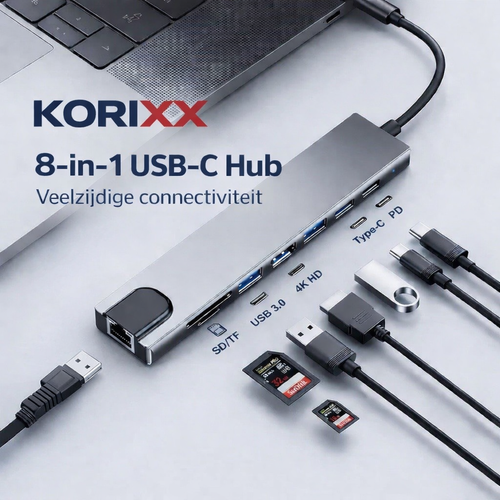 KORiXX™ Pro 8-in-1 USB-C Hub – 4K HDMI, Ethernet & Snellaadfunctie voor MacBook & Laptop