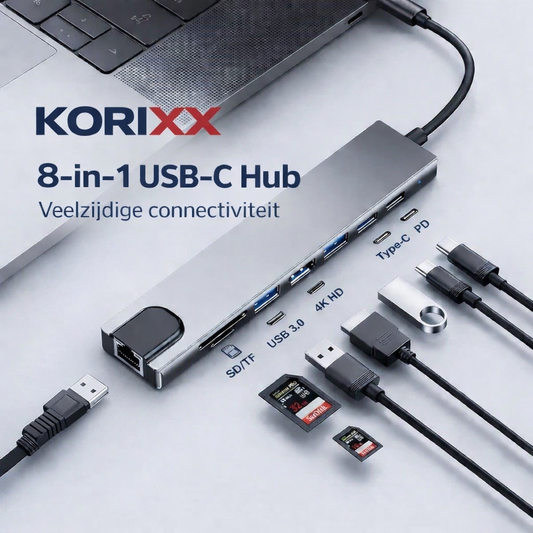 KORiXX™ Pro 8-in-1 USB-C Hub – 4K HDMI, Ethernet & Snellaadfunctie voor MacBook & Laptop