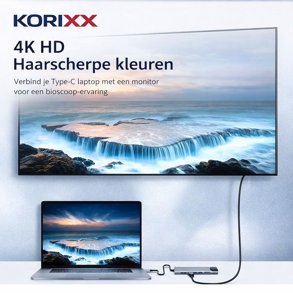 KORiXX™ Pro 8-in-1 USB-C Hub – 4K HDMI, Ethernet & Snellaadfunctie voor MacBook & Laptop