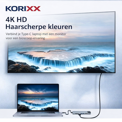 KORiXX™ Pro 8-in-1 USB-C Hub – 4K HDMI, Ethernet & Snellaadfunctie voor MacBook & Laptop
