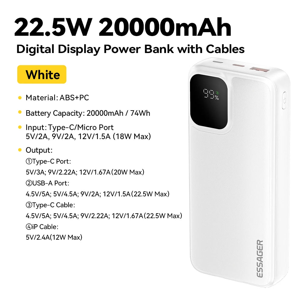 Draagbare Powerbank 20000mAh – 22.5W Snelladen met Digitale Display