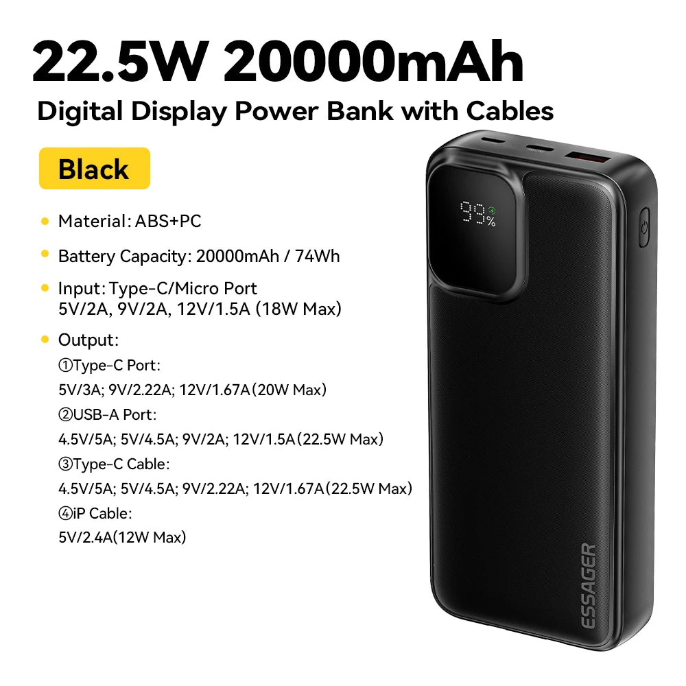 Draagbare Powerbank 20000mAh – 22.5W Snelladen met Digitale Display